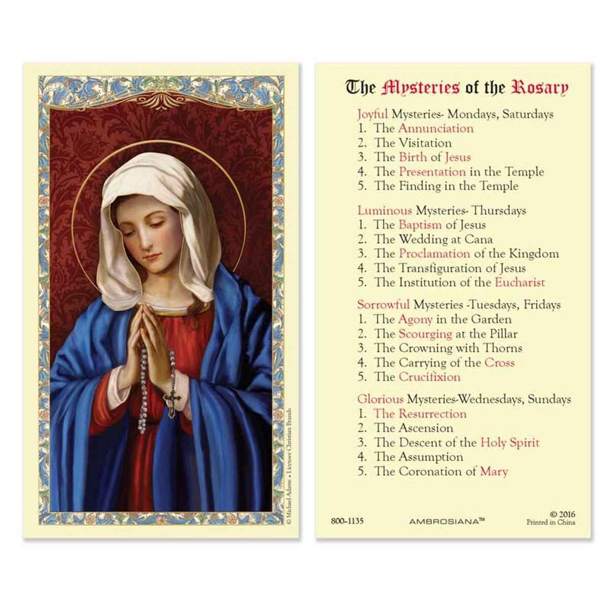 Our Lady of the Rosary Laminated Holy Card – Vine & Branches Catholic