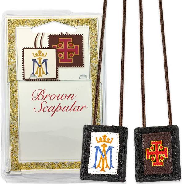 Ave Maria and Jerusalem Cross Genuine Brown Wool Scapular