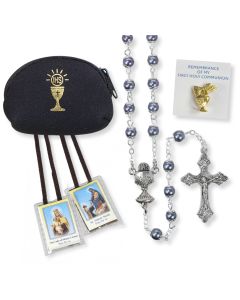 Hematite Imitation Pearl Rosary Boys Communion Set