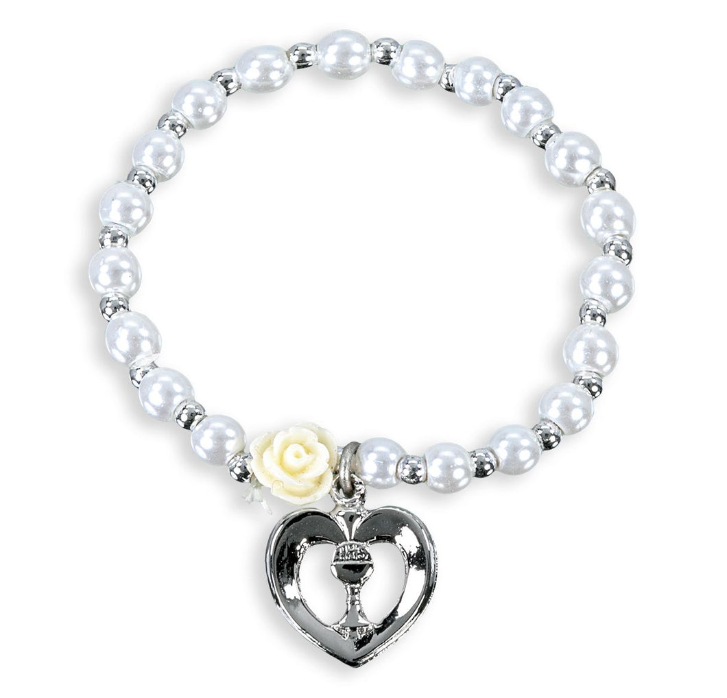 White Pearl Bracelet with an off White Our Father Bead and a Chalice in a Heart Charm