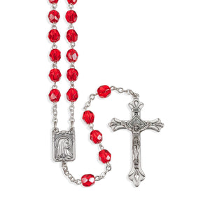Ruby Multi Faceted Glass Bead Rosary with Detailed Center and Fancy Crucifix