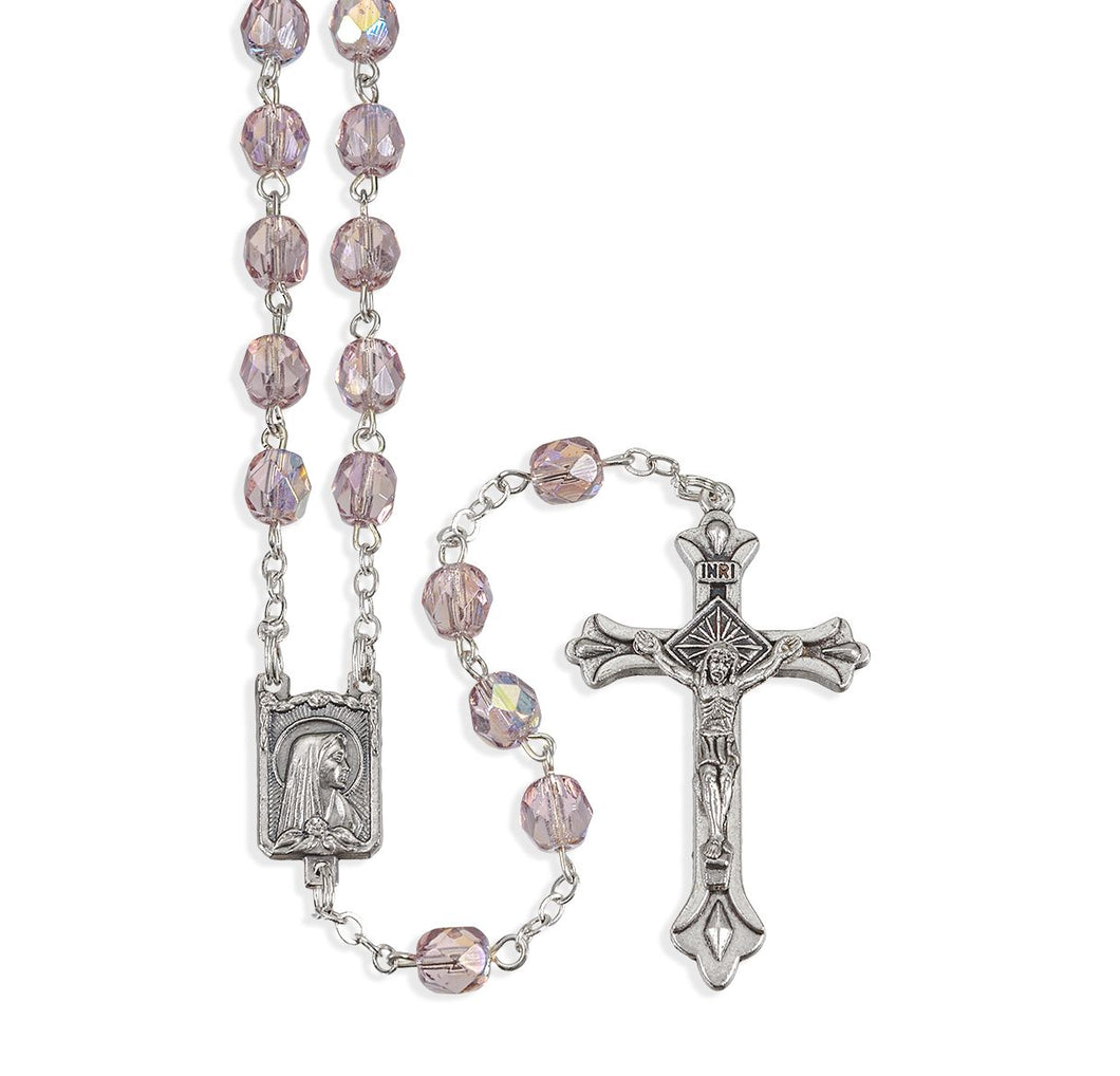 Amethyst Multi Faceted Glass Bead Rosary with Detailed Center and Fancy Crucifix