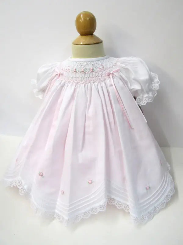 Will'beth Sweet White Pink Scallop Border Baby Dress Vine & Branches Catholic Will'beth Sweet White Pink Scallop Border Baby Dress Vine & Branches Catholic