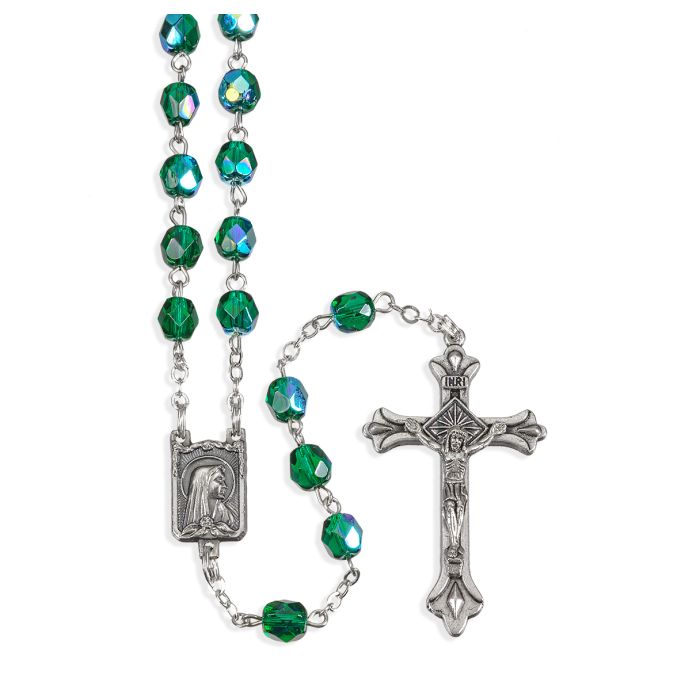 Emerald Multi Faceted Glass Bead Rosary with Detailed Center and Fancy Crucifix