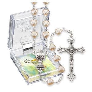 Cream Pearlized Heart Shaped Glass Bead Communion Rosary