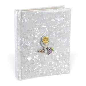 Child of God White Pearlized Communion Book with Chalice Medal on the Cover