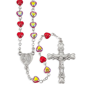 Red Iridescent Heart Shaped Bead Rosary