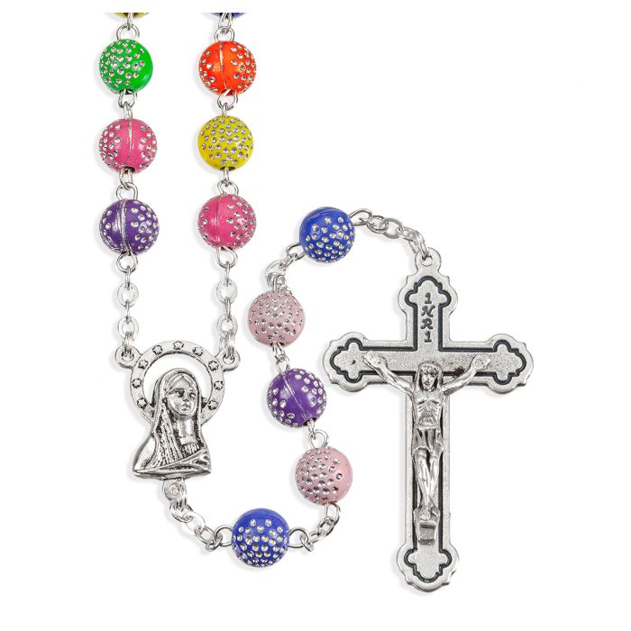 8mm Multicolored Silver Pitted Bead Rosary