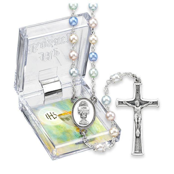 Multicolor Pearlized Glass Bead Rosary with Chalice Centerpiece and Italian Crucifix