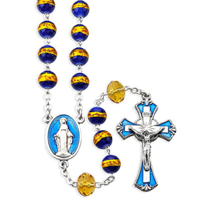 Blue with Gold Swirl Crystal Rosary with Epoxied Center and Crucifix