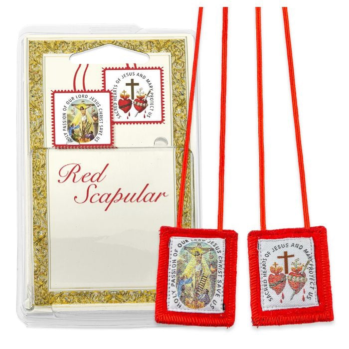 🌟 Crucifixion and Sacred Hearts Genuine Red Wool Scapular