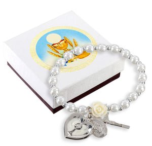 White Pearl Bracelet with  White Rose Our Father Bead-Pearlized Epoxied Heart with Chalice-Cross and Miraculous Medal