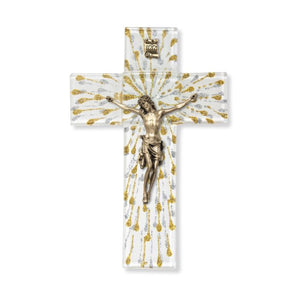 Shimmering Gold and Silver Rays on White Glass Cross with Museum Gold Tone Corpus