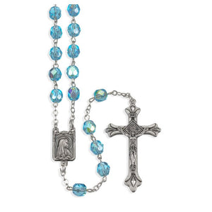 Aqua Multi Faceted Glass Bead Rosary with Detailed Center and Fancy Crucifix
