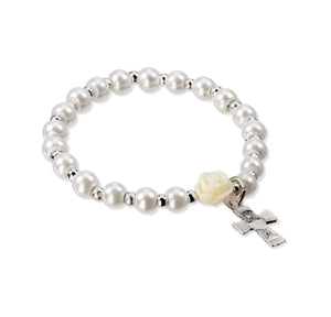 White Pearl Bracelet with an off White Our Father Bead and a Communion Cross